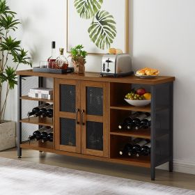 Industrial Wine Bar Cabinet; Liquor Storage Credenza; Sideboard with Wine Racks & Stemware Holder (Hazelnut Brown; 55.12''w x 13.78''d x 30.31' ' h) -