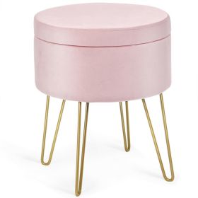 Round Velvet Storage Ottoman Footrest Stool Vanity Chair with Metal Legs - Pink