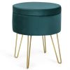 Round Velvet Storage Ottoman Footrest Stool Vanity Chair with Metal Legs - Dark Green