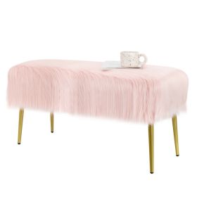 Upholstered Faux Fur Vanity Stool with Golden Legs for Makeup Room - Pink