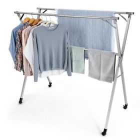 Foldable Steel Clothes Drying Rack with 4 Universal Wheels for Laundry - Stainless steel