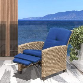 Indoor & Outdoor Recliner, All-Weather Wicker Reclining Patio Chair, Blue Cushion (Blue,1 Chair) - as Pic