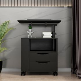 Height Adjustable Overbed End Table Wooden Nightstand with Swivel Top, Drawers, Wheels and Open Shelf, Black - Black