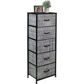 Dressing Table Storage Tower, Wardrobe Organizer, Tall Dresser for Bedroom, Steel Frame, Wooden Top, Fabric, 5 Drawers - Gray/Black