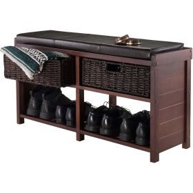 Storage bench, seat cushion and 2 collapsible chocolate corn husk baskets with cappuccino finish - chocolate, cappuccino