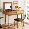 43.3" Classic Wood Makeup Vanity Set with Flip-top Mirror and Stool, Dressing Table with Three Drawers and storage space, Brown - as Pic