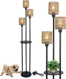 3-Lights Rattan Floor Lamp with Shelves - as Pic