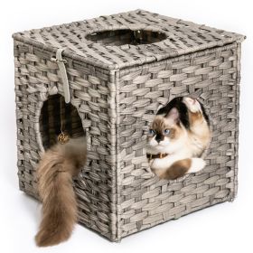 Rattan Cat Litter; Cat Bed with Rattan Ball and Cushion; Grey - Grey