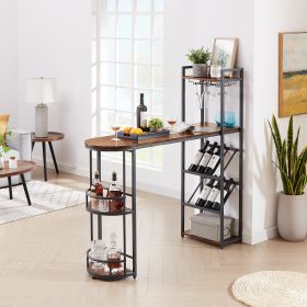 Bar table with bottle holder and glass holder; multifunctional high bar table; can hold 8 bottles of wine and 9 glasses; with side storage.(Rustic Bro