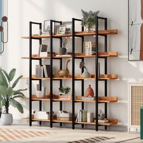 5 Tier Bookcase Home Office Open Bookshelf; Vintage Industrial Style Shelf; MDF Board; Black Metal Frame; Brown - as Pic