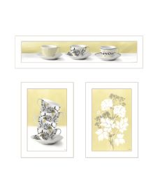 "Tea Cups & Yellow Flowers" 3-Piece Vignette by Artisan House Fenway; ; Ready to Hang Framed Print; White Frame - as Pic