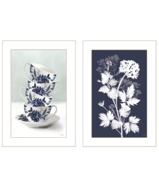 "Tea Towers with Flowers-Blue Vignette is by Artisan House Fenway; Ready to Hang Framed Print; White Frame - as Pic