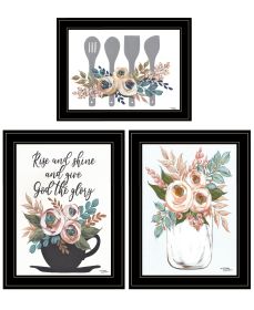 "Rise & Shine Kitchen Collection" 3-Piece Vignette By Michele Norman; Ready to Hang Framed Print; Black Frame - as Pic