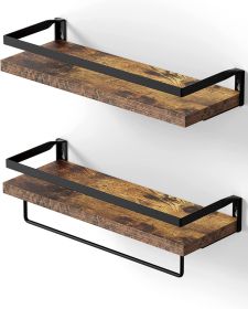 Floating bathroom shelf with towel rail; bathroom/living/kitchen/bedroom wall shelf set of 2; light brown; dark brown; black. - Rustic Brown