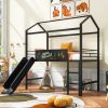 Metal House Bed With Slide; Twin Size Metal Loft Bed with Two-sided writable Wooden Board (Black ) - as Pic