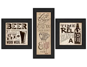 "Beer Time Collection" 3-Piece Vignette By Deb Strain; Printed Wall Art; Ready To Hang Framed Poster; Black Frame - as Pic