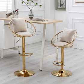 Off-White velvet bar chair; pure gold plated; unique design; 360 degree rotation; adjustable height; Suitable for dinning room and bar; set of 2 - as