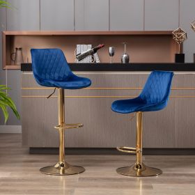 Set of 2 Bar Stools; with Chrome Footrest and Base Swivel Height Adjustable Mechanical Lifting Velvet + Golden Leg Simple Bar Stool-blue - as Pic