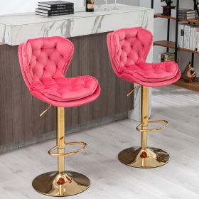 Set of 2 Bar Stools; with Chrome Footrest and Base Swivel Height Adjustable Mechanical Lifting Velvet + Golden Leg Simple Bar Stool-pink - as Pic