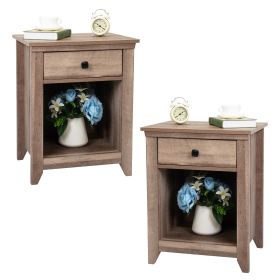 Set of 2 Farmhouse Nightstand, Wood Bedside Table with Drawer and Open Compartment, Light Brown XH - Light Brown