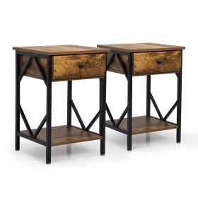 Set of 2 Nightstand Industrial End Table with Drawer;  Storage Shelf and Metal Frame for Living Room;  Bedroom;  XH - Rustic Brown