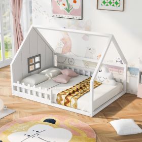 Full Size Wood House Bed with Window and Fence - White