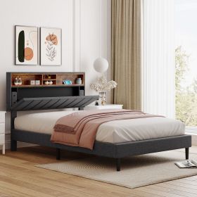 Full size Upholstered Platform Bed with Storage Headboard and USB Port, Linen Fabric Upholstered Bed - Gray