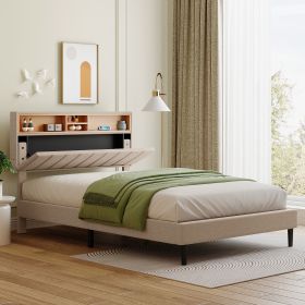 Full size Upholstered Platform Bed with Storage Headboard and USB Port, Linen Fabric Upholstered Bed - Beige