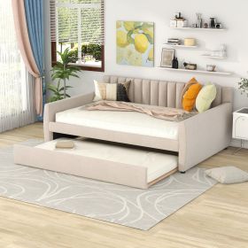 Full Size Upholstered daybed with Trundle and Wood Slat Support - Beige