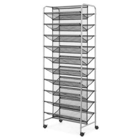 10 Tier 60 Pair Metal and Mesh Rolling Shoe Rack - Gray