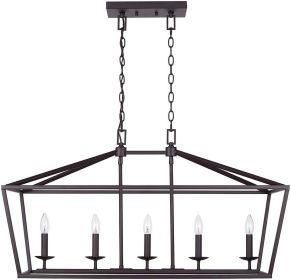 36" 5-Light Black and Polished Chrome Farmhouse Linear Chandelier Fixture with Caged Metal Shade - Black - Metal