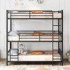 Twin Size Triple Metal Bunk Bed, with Wood Decoration Headboard and Footboard, - Brown