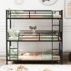 Twin Size Triple Metal Bunk Bed, with Wood Decoration Headboard and Footboard, - Gray