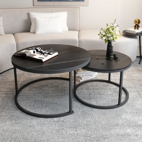 Modern Round Nesting Coffee Table Set of 2 with Black Faux Marble Top,Metal Frame - Black