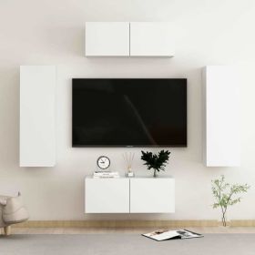 4 Piece TV Cabinet Set White Engineered Wood - White