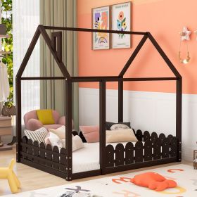 (Slats are not included) Full Size Wood Bed House Bed Frame with Fence;  for Kids;  Teens;  Girls;  Boys - Espresso