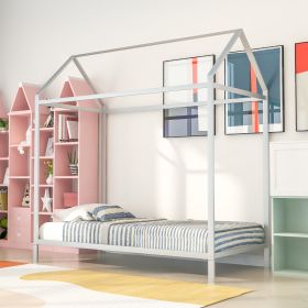 House Bed Frame Twin Size ;  Kids Bed Frame Metal Platform Bed Floor Bed for Kids Boys Girls No Box Spring Needed - Silver