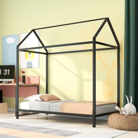 House Bed Frame Twin Size ;  Kids Bed Frame Metal Platform Bed Floor Bed for Kids Boys Girls No Box Spring Needed - Black