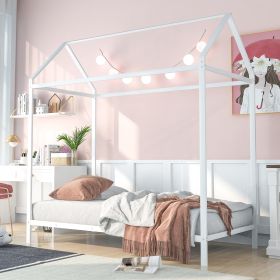 House Bed Frame Twin Size ;  Kids Bed Frame Metal Platform Bed Floor Bed for Kids Boys Girls No Box Spring Needed - White