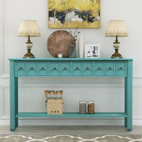 Rustic Entryway Console Table, 60" Long with two Different Size Drawers and Bottom Shelf for Storage  - Blue