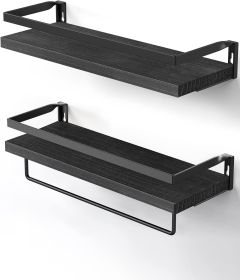 Floating bathroom shelf with towel rail; bathroom/living/kitchen/bedroom wall shelf set of 2; light brown; dark brown; black. - Black