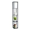 Floor Lamp Etagere Organizer Storage Shelf with Linen Shade, Black - Black