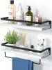 Floating bathroom shelf with towel rail; bathroom/living/kitchen/bedroom wall shelf set of 2; light brown; dark brown; black. - White