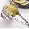 1pc Tomato Lemon Slicer Holder, Round Fruits Onion Shredder Cutter Guide Tongs With Handle, Stainless Steel Kitchen Cutting Potato Lime Food Stand - S