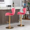 Set of 2 Bar Stools; with Chrome Footrest and Base Swivel Height Adjustable Mechanical Lifting Velvet + Golden Leg Simple Bar Stool-pink - as Pic