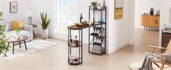 Bar table with bottle holder and glass holder; multifunctional high bar table; can hold 8 bottles of wine and 9 glasses; with side storage.(Rustic Bro