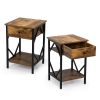 Set of 2 Nightstand Industrial End Table with Drawer;  Storage Shelf and Metal Frame for Living Room;  Bedroom;  XH - Rustic Brown