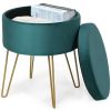 Round Velvet Storage Ottoman Footrest Stool Vanity Chair with Metal Legs - Dark Green