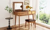 43.3" Classic Wood Makeup Vanity Set with Flip-top Mirror and Stool, Dressing Table with Three Drawers and storage space, Brown - as Pic