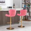 Set of 2 Bar Stools; with Chrome Footrest and Base Swivel Height Adjustable Mechanical Lifting Velvet + Golden Leg Simple Bar Stool-pink - as Pic